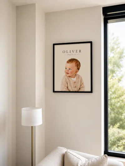 Framed watercolor portrait of Oliver hanging in a living room