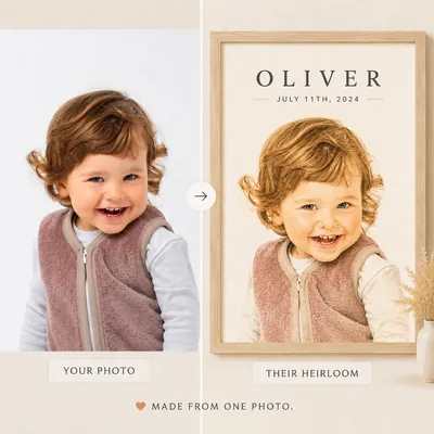 Before and after — your photo becomes their heirloom portrait