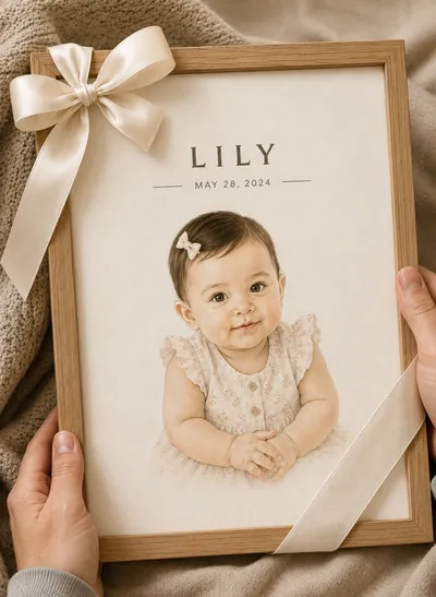 Framed watercolor portrait of Lily wrapped with a ribbon bow